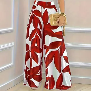 Dames Casual Hoge Taille Wijde Broek Mode Bladprint Dunne Polyester Broek Elegante Ademende Tropische Blad Pantalon