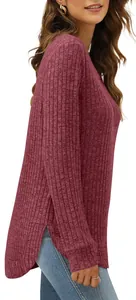 Side view of mauve ribbed long sleeve top featuring a high-low curved hem design