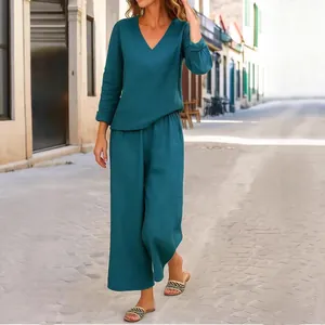 Set Due Pezzi Casual da Donna Felpa a Maniche Lunghe con Scollo a V e Pantaloni a Gamba Larga Tinta Unita in Poliestere