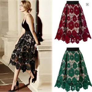 Jupe Midi Vintage Bohème en Dentelle Ajourée pour Femmes Taille Haute Élastique Trapèze en Maille Motif Floral Élégante Jupe