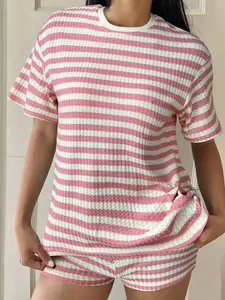 Casual pink and white horizontal striped short sleeve T-shirt and matching shorts set