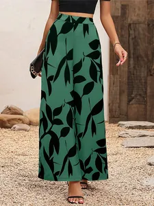Élégant pantalon large à taille haute pour femme avec imprimé feuilles vert et noir