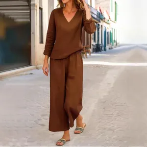 Completo casual 2 pezzi da donna con maglia a maniche lunghe scollo a V e pantaloni larghi