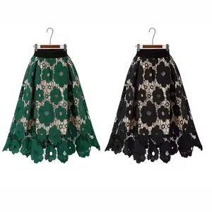 Jupe en dentelle évasée bohème rétro avec maille ajourée et taille haute élastique confortable