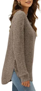 Detail side view of brown ribbed knit top featuring high-low curved hem and side slit