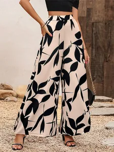 Pantalon large à taille haute élégant avec imprimé feuilles noires en tissu mousseline