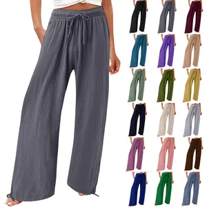 Women High Waist Wide Leg Pants Solid Color Pleated Elastic Drawstring Beach Holiday Casual Loose Long Pants Trousers