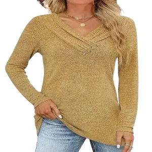 Top casual a maniche lunghe da donna con scollo a V incrociato in giallo senape e bottoni