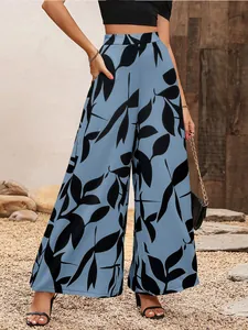 Pantalon large à taille haute pour femme avec un imprimé élégant de feuilles bleues