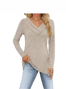 Top casual a maniche lunghe da donna con scollo a V incrociato e bottoni decorativi