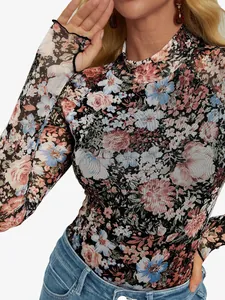 Top de malla floral para mujer de manga larga con agujeros para el pulgar y elegante cuello alto