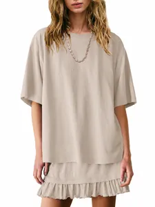 Women's minimalist beige loose casual loungewear set featuring oversized T-shirt and ruffled shorts