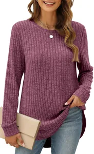 Detailed view of women's purple ribbed long sleeve top featuring a high-low curved hem