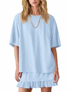 Women's light blue oversized short sleeve T-shirt and ruffled skirt loungewear set