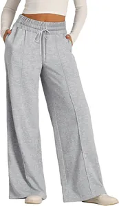 Graue Damen-Freizeithose mit weitem Bein, Kordelzug am Bund und modischen Nahtdetails