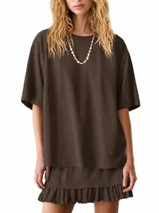Brown two-piece casual set with loose short sleeve top and ruffled mini skirt for women