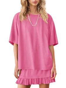 Women's casual two-piece set featuring pink oversized T-shirt and matching ruffle skirt