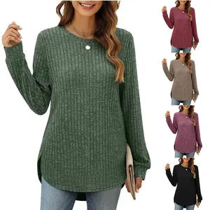 Women's Casual Ribbed Long Sleeve Top Round Neck Loose Fit High-Low Curved Hem Polyester Knit Shirt For Spring Fall