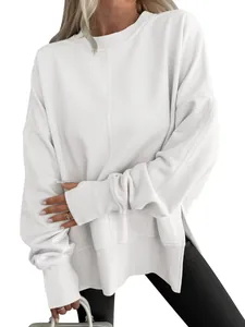 Loose fit oversized white crew neck sweatshirt with side slits and batwing sleeves