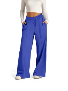 Damen Loungehose in Blau mit weitem Bein und bequemer elastischer Taille mit Kordel.