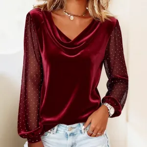 Women Elegant Polyester V Neck T-Shirt Mesh Stitching Rhinestone Long Sleeve Top Solid Color Casual Slim Fit T-Shirt