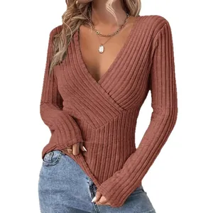 Elegant V-neck slim fit ribbed long sleeve wrap top for women in terracotta brown color