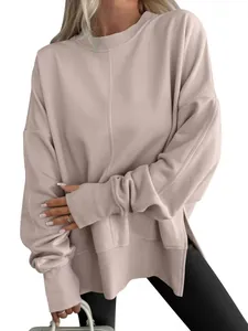 Casual loose fit crewneck sweatshirt featuring side slits and batwing sleeves design