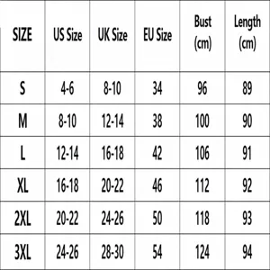 Guía de tallas de vestido con volantes para mujer con tallas US/UK/EU y medidas en cm