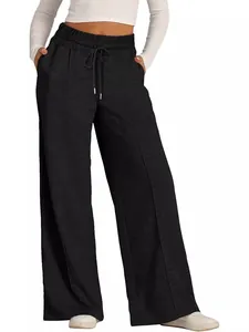 Schwarze Damen Jogginghose mit weitem Bein, hoher Taille und verstellbarem Kordelzug