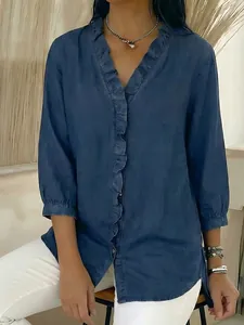 Casual navy denim-like shirt for women with ruffled V-neckline and button details