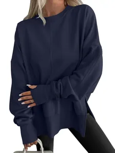 Navy blue oversized sweatshirt featuring side slits and batwing sleeve details