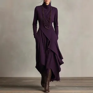 Robe Longue Femme Élégante Col Montant Manches Longues Design Croisé Ourlet Irrégulier Couleur Unie en Polyester