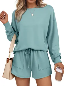 Completo Casual 2 Pezzi Top And Bottom Donna Felpa a Maniche Lunghe Girocollo Con Pantaloncini Con Coulisse Tasca Tinta Unita Streetwear Tuta