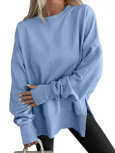 Women Oversized Batwing Sleeve Sweatshirt Round Neck Side Slit Seam Detail Casual Pullover Top Polyester Clothing