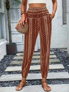 Pantalones jogger bohemios con estampado étnico y cintura alta elástica engomada