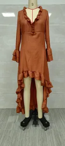 Bohemian long sleeve high-low ruffle dress with V-neck shown on a mannequin detail view