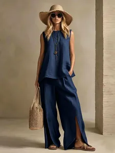 Elegant sleeveless navy blue linen two-piece set with wide-leg pants for summer outfits