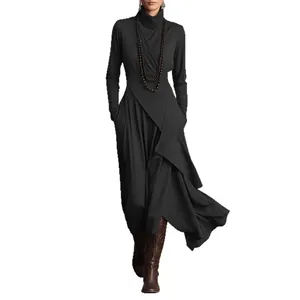 Robe longue élégante à col montant et manches longues croisées devant en noir uni