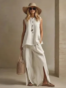 Chic women's cotton linen two-piece set featuring sleeveless top and side-slit wide-leg pants
