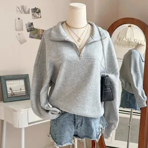 Felpa da Donna Casual in Poliestere con Mezza Cerniera Vestibilità Larga Manica Lunga Colletto a Revers Pullover Tinta Unita Felpa Invernale Base