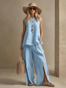Sleeveless cotton linen two-piece set featuring wide-leg pants with side slits