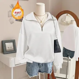 Felpa bianca casual a maniche lunghe con colletto a un quarto di zip da donna