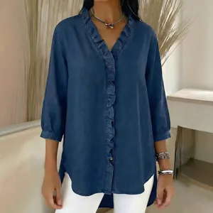 Women's casual denim-look V-neck blouse with ruffled trim and three-quarter sleeves
