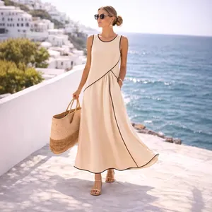 Abito Lungo da Donna Stile Vacanza Mediterraneo con Bordo a Contrasto Senza Maniche a Trapezio in Poliestere per Spiaggia