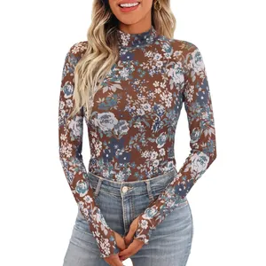 Top de Manga Larga de Malla Floral para Mujer Cuello Redondo Corte Ajustado Camiseta de Malla Con Agujeros para el Pulgar