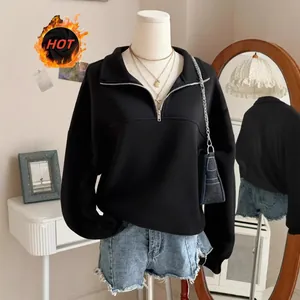 Felpa da donna oversize con mezza zip, maglione casual a maniche lunghe nero