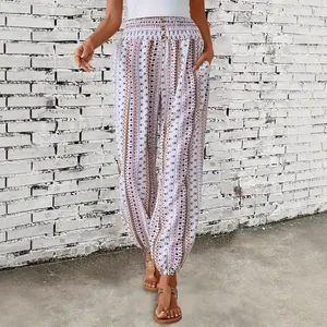 Pantalones harem bohemios con estampado étnico y cintura alta elástica