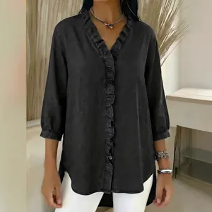 Casual women's ruffled V-neck blouse top in washed charcoal grey denim-look fabric