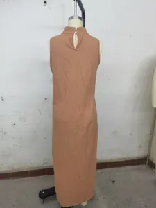 Rear view showing high collar and button detail of terracotta cotton linen maxi dress