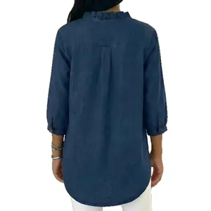 Women's dark blue faux denim ruffle shirt with three-quarter sleeves and curved hem